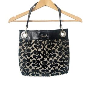 Coach Ashley Black Signature Sateen Hippie Patent Leather‎ Trim Shoulder Bag